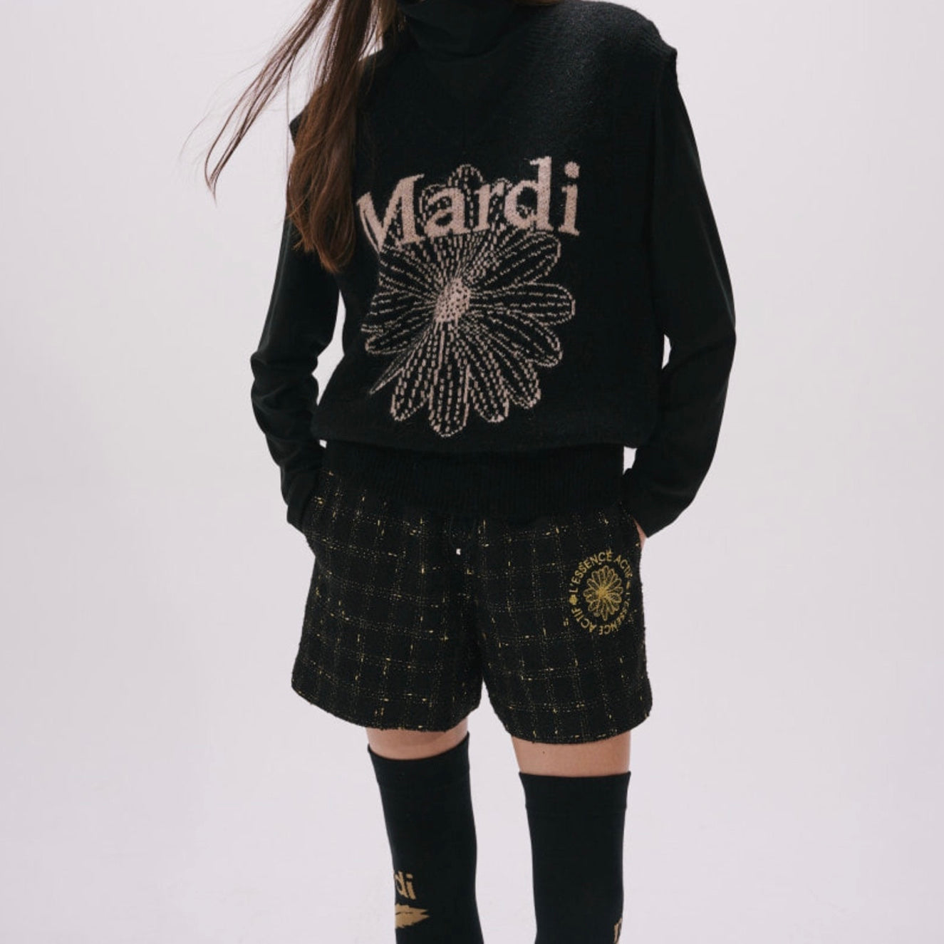 Mardi Mohair Blended Knit Vest Flower Black Beige